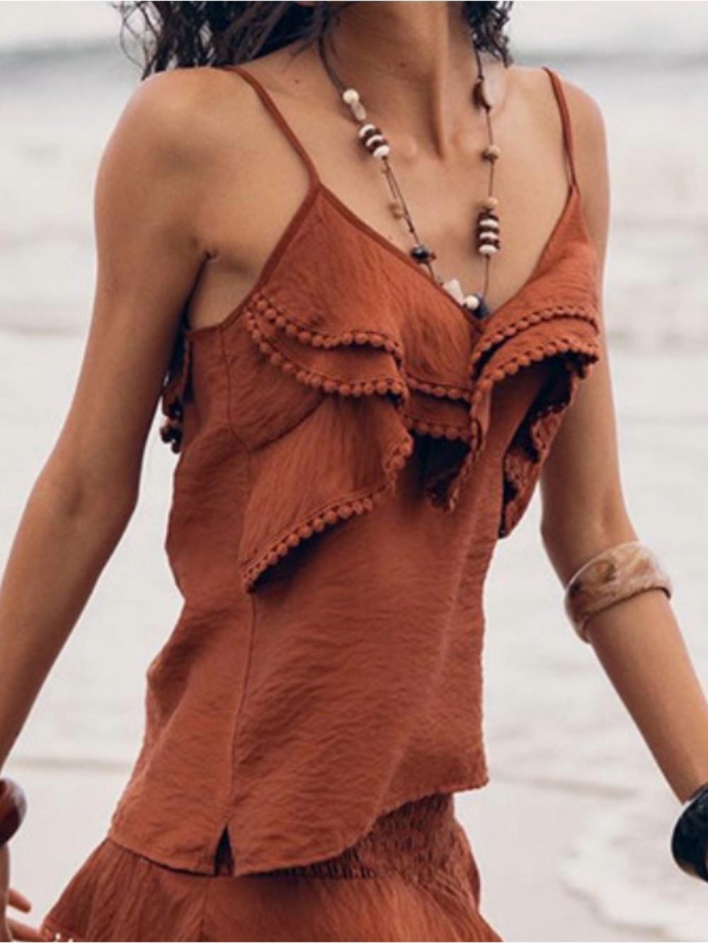 Zara Rust Pom-Pom Ruffle Camisole